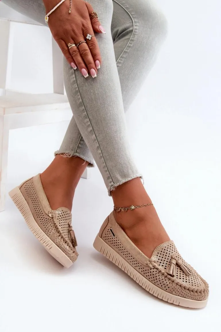 Ażurowe Mokasyny Damskie Z Eko Zamszu Złote Tinami