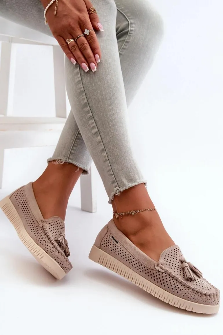 Ażurowe Mokasyny Damskie Z Eko Zamszu Beżowe Tinami