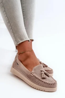 Ażurowe Mokasyny Damskie Z Eko Zamszu Beżowe Tinami