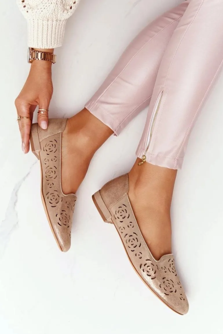 Ażurowe Mokasyny Sergio Leone BL627 Beżowe Połyskujące