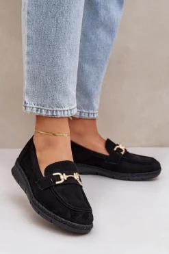 Ażurowe Mokasyny Ze Złotym Detalem I Jutową Plecionką Czarne Lainer