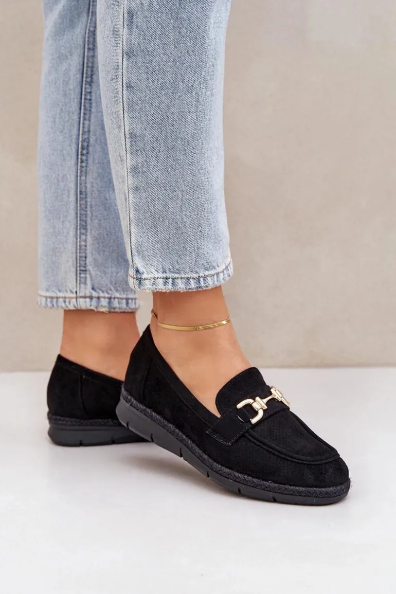 Ażurowe Mokasyny Ze Złotym Detalem I Jutową Plecionką Czarne Lainer