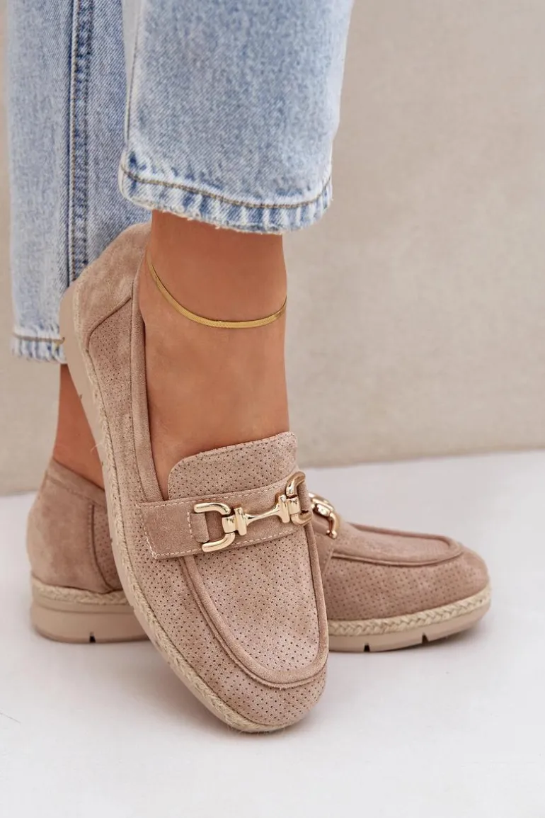 Ażurowe Mokasyny Ze Złotym Detalem I Jutową Plecionką Beżowe Lainer