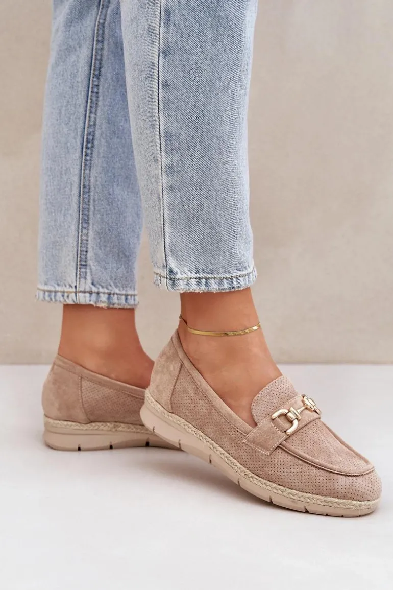 Ażurowe Mokasyny Ze Złotym Detalem I Jutową Plecionką Beżowe Lainer