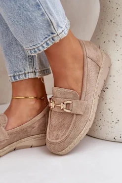 Ażurowe Mokasyny Ze Złotym Detalem I Jutową Plecionką Beżowe Lainer