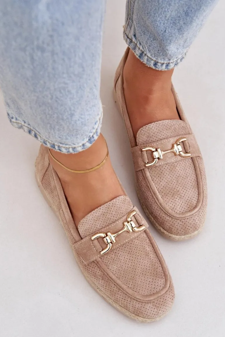 Ażurowe Mokasyny Ze Złotym Detalem I Jutową Plecionką Beżowe Lainer