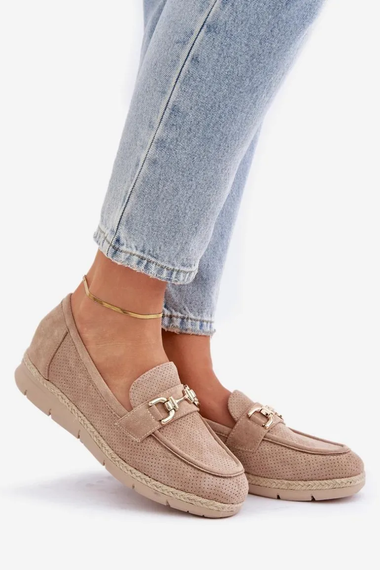 Ażurowe Mokasyny Ze Złotym Detalem I Jutową Plecionką Beżowe Lainer