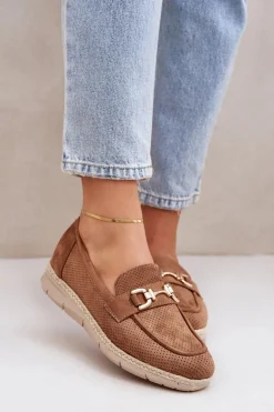 Ażurowe Mokasyny Ze Złotym Detalem I Jutową Plecionką Brązowe Lainer