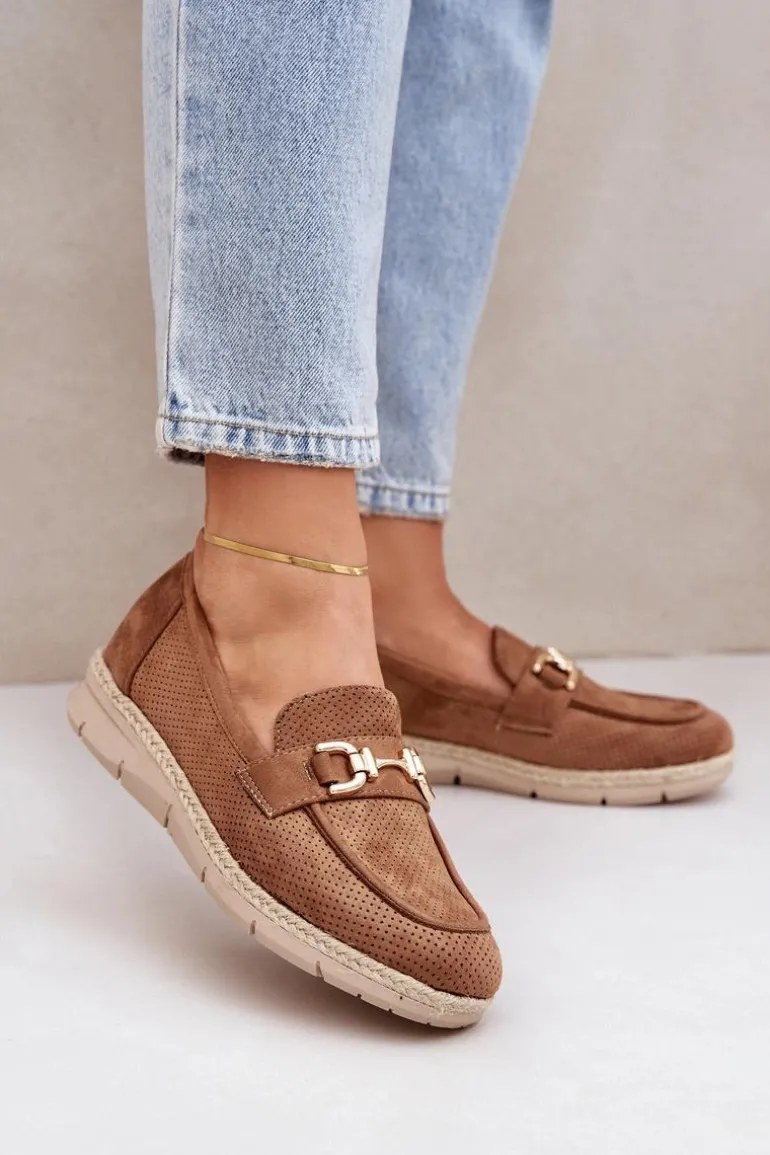 Ażurowe Mokasyny Ze Złotym Detalem I Jutową Plecionką Brązowe Lainer