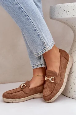 Ażurowe Mokasyny Ze Złotym Detalem I Jutową Plecionką Brązowe Lainer