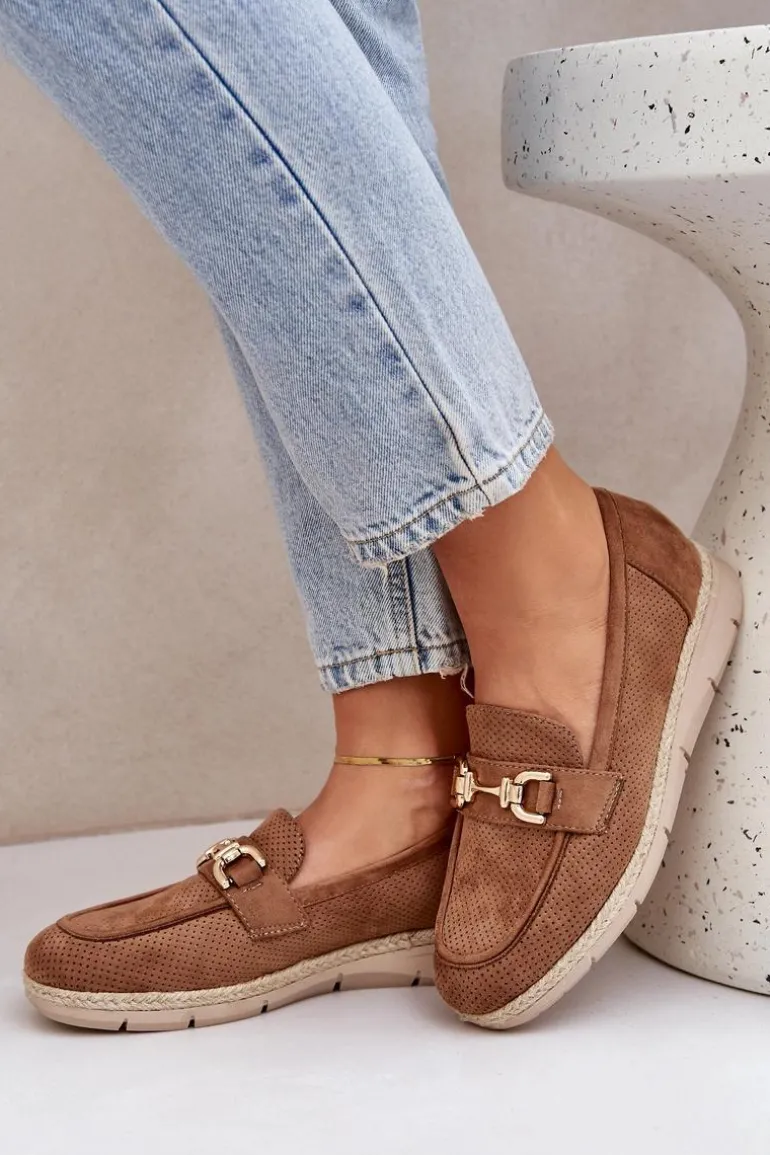 Ażurowe Mokasyny Ze Złotym Detalem I Jutową Plecionką Brązowe Lainer