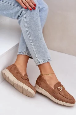 Ażurowe Mokasyny Ze Złotym Detalem I Jutową Plecionką Brązowe Lainer