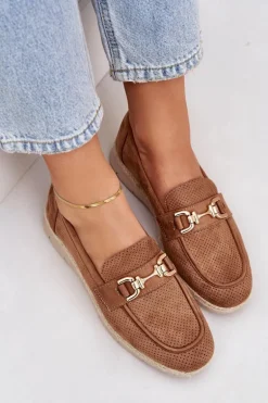 Ażurowe Mokasyny Ze Złotym Detalem I Jutową Plecionką Brązowe Lainer