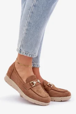 Ażurowe Mokasyny Ze Złotym Detalem I Jutową Plecionką Brązowe Lainer