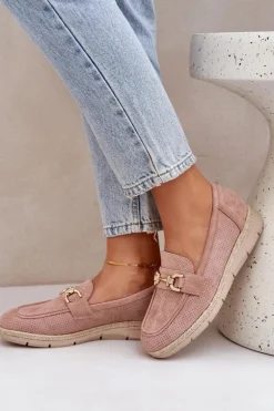 Ażurowe Mokasyny Ze Złotym Detalem I Jutową Plecionką Różowe Lainer