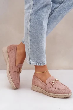 Ażurowe Mokasyny Ze Złotym Detalem I Jutową Plecionką Różowe Lainer