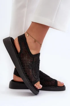 Ażurowe Sandały Damskie Na Platformie Czarne Mennita