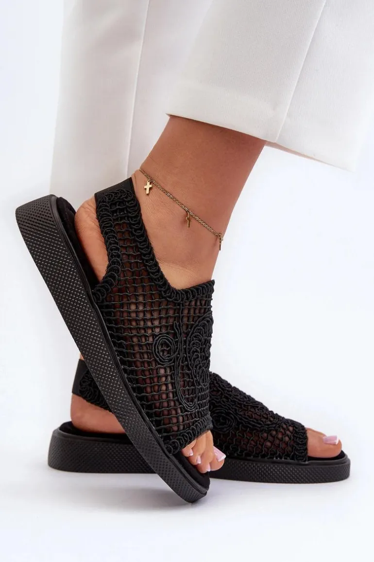 Ażurowe Sandały Damskie Na Platformie Czarne Mennita
