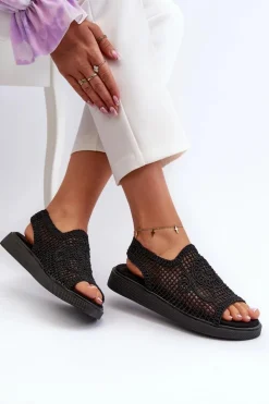 Ażurowe Sandały Damskie Na Platformie Czarne Mennita