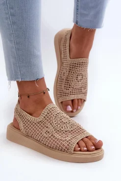 Ażurowe Sandały Damskie Na Platformie Beżowe Mennita