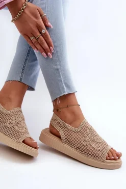 Ażurowe Sandały Damskie Na Platformie Beżowe Mennita