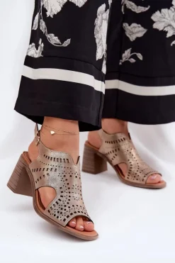 Ażurowe Sandały Damskie Na Słupku Złote Tosine