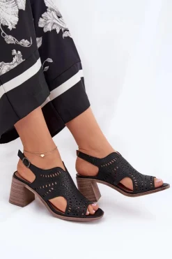 Ażurowe Sandały Damskie Na Słupku Czarne Tosine