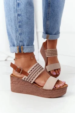 Ażurowe Sandały Na Koturnie S.Barski GD-47 Beżowe