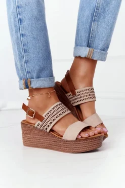 Ażurowe Sandały Na Koturnie S.Barski GD-47 Beżowe