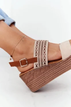 Ażurowe Sandały Na Koturnie S.Barski GD-47 Beżowe