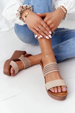 Ażurowe Sandały Na Koturnie S.Barski GD-47 Beżowe