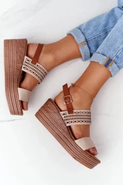 Ażurowe Sandały Na Koturnie S.Barski GD-47 Beżowe