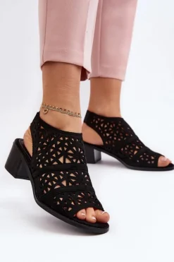 Ażurowe Sandały Na Obcasie Czarne Serapina