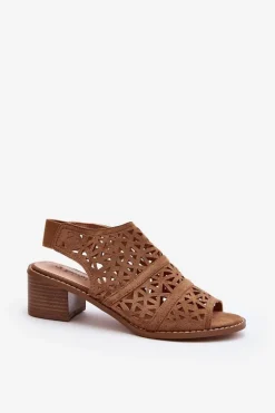 Ażurowe Sandały Na Obcasie Brązowe Serapina