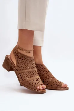 Ażurowe Sandały Na Obcasie Brązowe Serapina