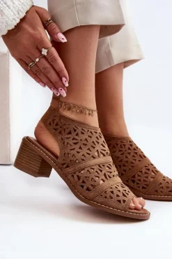 Ażurowe Sandały Na Obcasie Brązowe Serapina