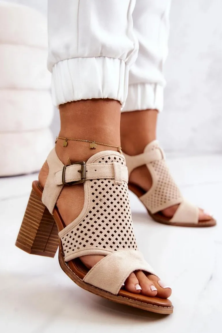 Ażurowe Sandały Na Słupku Beżowe Hey Lover