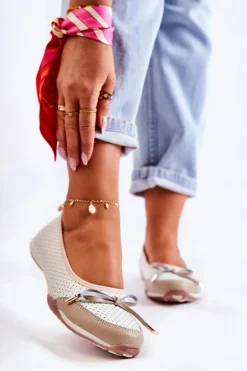 Ażurowe Skórzane Baleriny Biało-Beżowe Erdola