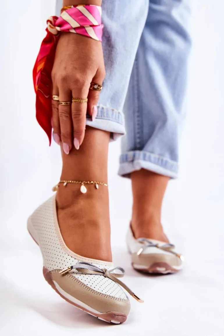 Ażurowe Skórzane Baleriny Biało-Beżowe Erdola