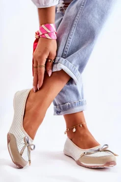 Ażurowe Skórzane Baleriny Biało-Beżowe Erdola