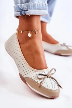 Ażurowe Skórzane Baleriny Biało-Beżowe Erdola