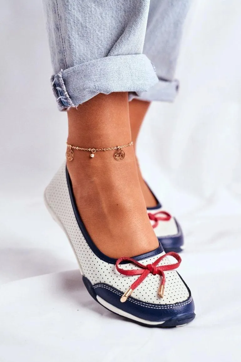 Ażurowe Skórzane Baleriny Biało-Czerwone Erdola