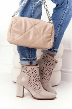 Ażurowe Skórzane Botki Na Słupku Exquisite 1219 Cappuccino