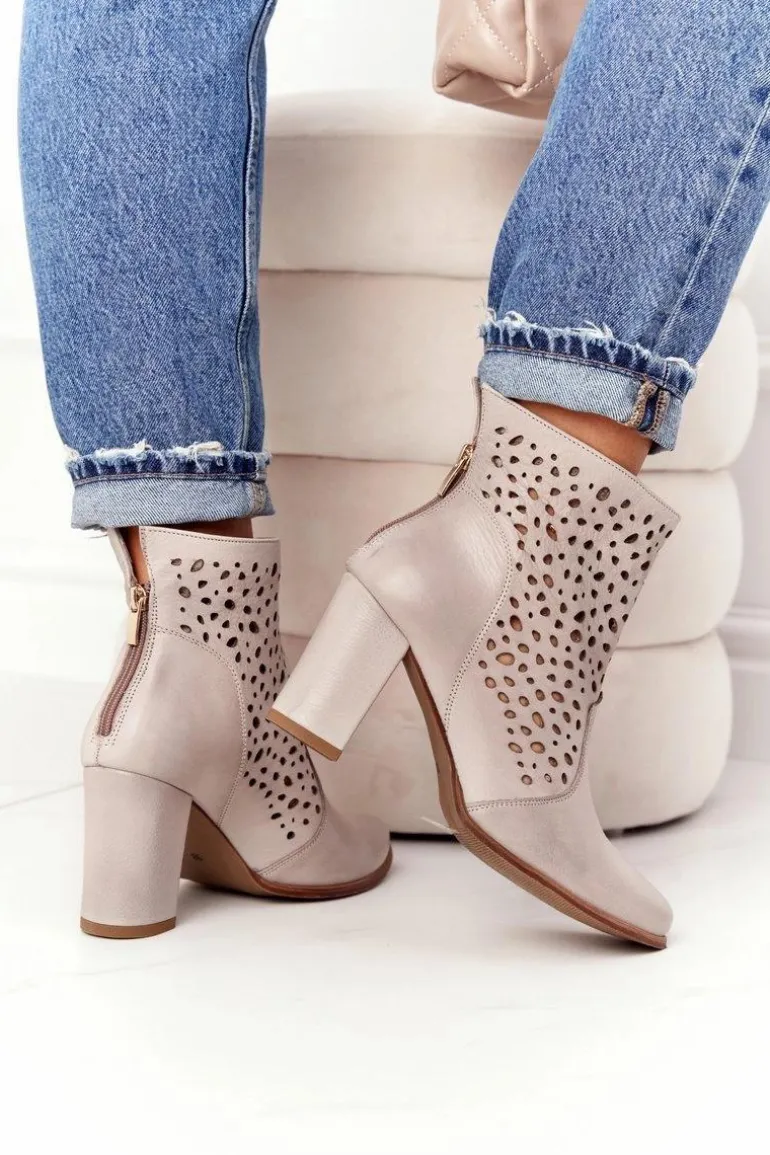 Ażurowe Skórzane Botki Na Słupku Exquisite 1219 Cappuccino