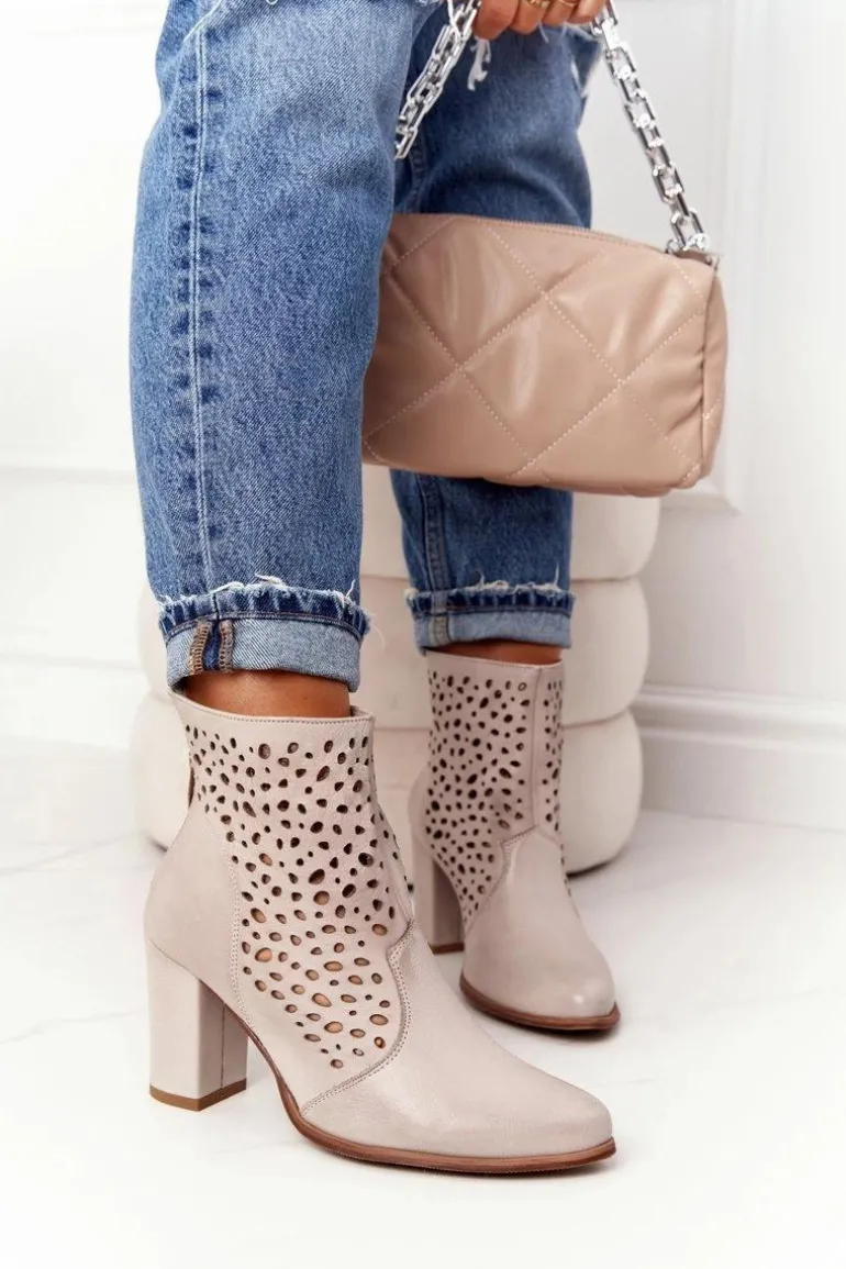 Ażurowe Skórzane Botki Na Słupku Exquisite 1219 Cappuccino