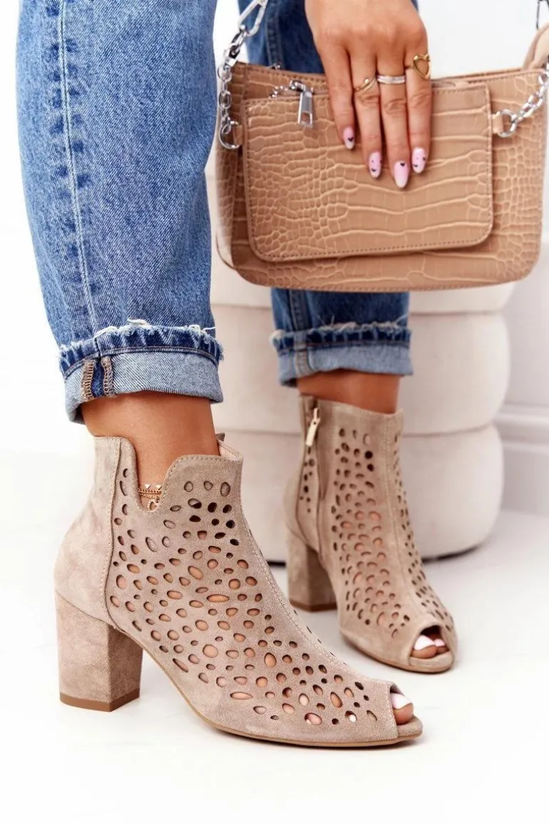 Ażurowe Skórzane Botki Na Słupku Exquisite 1184 Beżowe