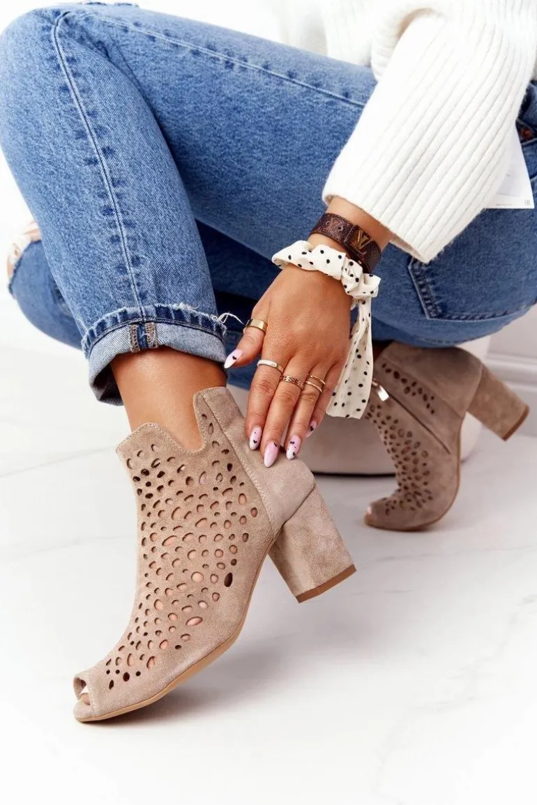 Ażurowe Skórzane Botki Na Słupku Exquisite 1184 Beżowe