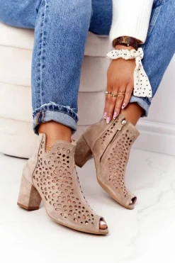 Ażurowe Skórzane Botki Na Słupku Exquisite 1184 Beżowe