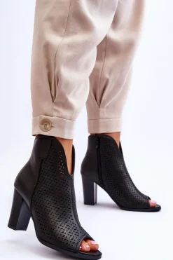 Ażurowe Skórzane Botki Na Słupku Czarne Florina