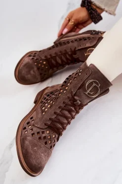 Ażurowe Skórzane Botki Nicole Brązowe 2695